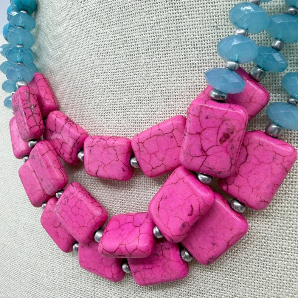 Hot Pink Turquoise Blue Bead Triple Strand Necklace Chunky Boho Statement Gift